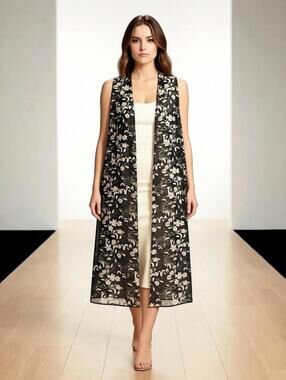 Lula Roe Black White Beige Cream Gray Floral Sheer Sleeveless Kimono Vest